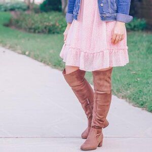 🆕J.Adams Brown Vegan Suede Over The Knee Trendy Low Block Heel Thigh High Boots